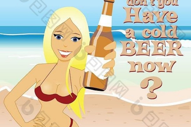 卡通女孩啤酒海滩插图