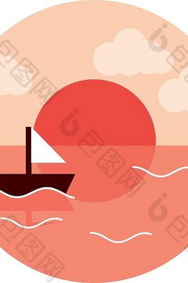 景观自然海洋日落帆船向量插图平风格图标