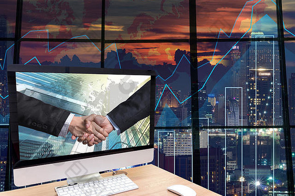 电脑木表格手摇商人屏幕交易图模糊照片城市景观背景