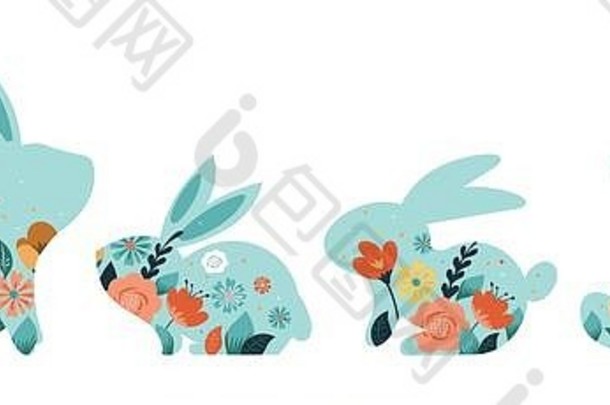 快乐复活节向量插图小兔子兔子图标装饰花