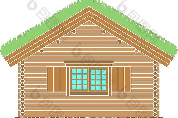 挪威传统的房子轮日志屋顶覆盖草皮向量插图颜色轮廓