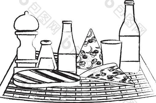 <strong>野餐</strong>桌布披萨喝瓶白色背景向量插图