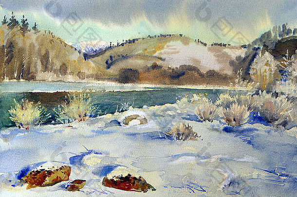 山景观雪河画水彩