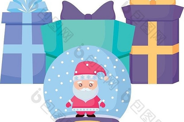 礼物盒子雪球卡通圣诞老人老人白色背景向量插图