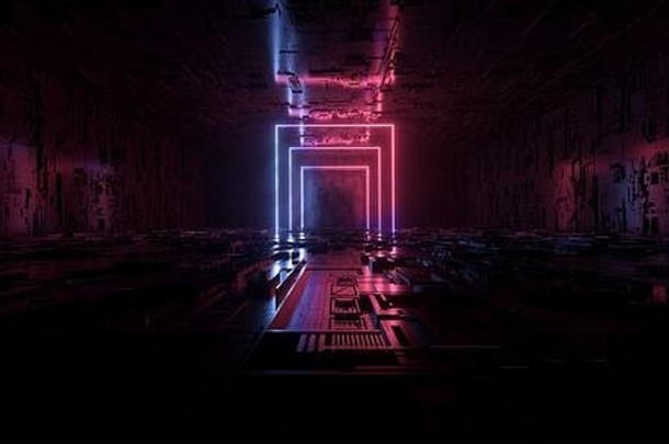 sci未来主义的金属反光示意图变形主板地板上现实的现代霓虹灯发光的激光矩形弧梁蓝色的紫色的红色的电工实习