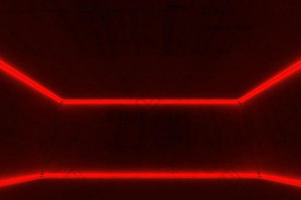 摘要空黑暗混凝土室内发光的红色的霓虹灯光行渲染插图