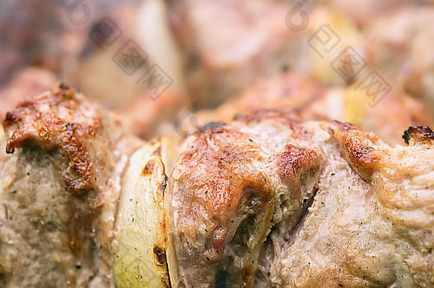 特写镜头烤热块肉洋葱烧烤野餐菜被称为烤羊肉串传统的国家无重点