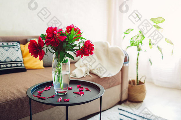 室内生活房间装饰牡丹花植物地毯舒适的沙发上垫子表格