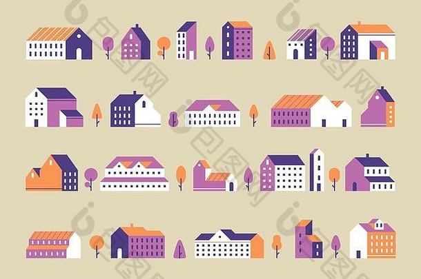极简主义小镇建筑几何最小的住宅房子城市建筑城市房子平向量集