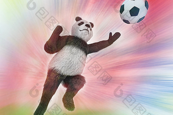 野生熊猫守门员快速跳抓足球球色彩斑斓的水彩背景模糊正直的字符