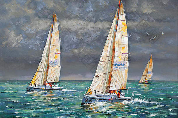 石油绘画帆布赛船会多云的一天游艇未来完成作者尼科sivenkov