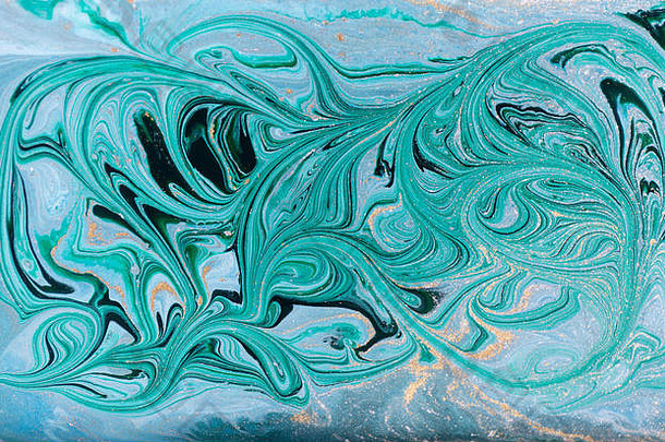 大理石摘要丙烯酸背景自然蓝色的绿色大理石花纹艺术作品纹理黄金闪闪发光的