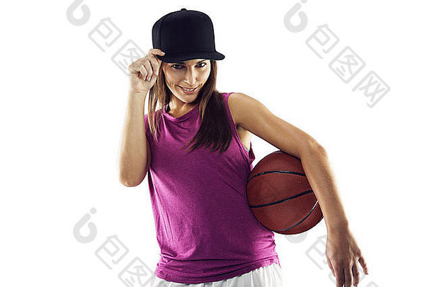 美丽的运动女人持有篮子球白色背景年轻的高加索人女篮球球员
