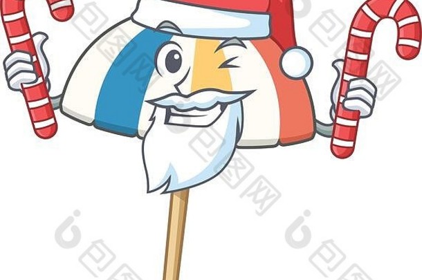 友好的海滩伞圣诞老人卡通字符糖果