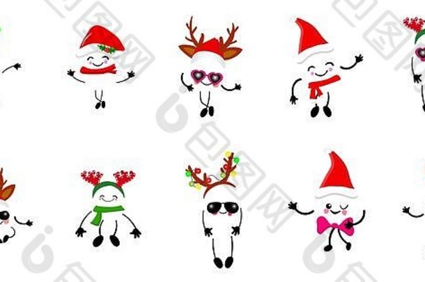 一年圣诞节卡有趣的卡通快乐的字符白色背景冬天假期圣诞老人老人鹿鹿角服装