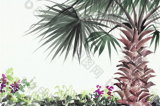 热带度假胜地视图棕榈原始水彩绘画