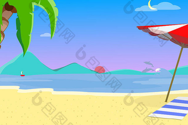 夏天海滩背景晚上时间景观异国情调的海边黄昏日落度假胜地海岸海景棕榈树海豚航行船