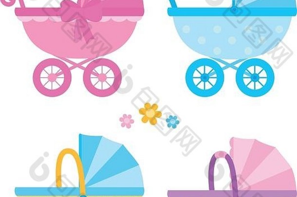 婴儿婴儿车蓝色的黄色的粉红色的颜色向量集合