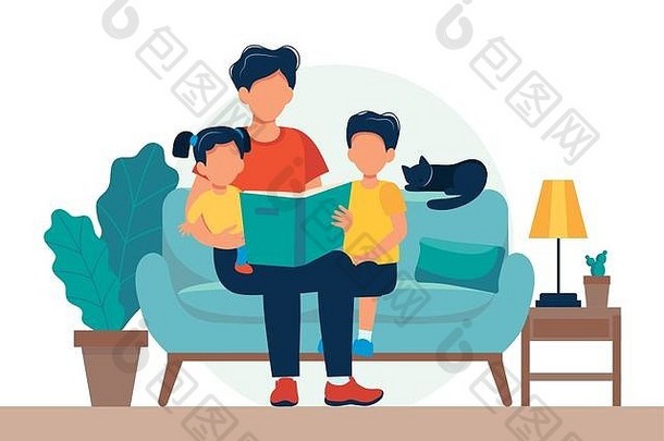 爸爸阅读孩子们家庭坐着沙发书可爱的向量插图平风格