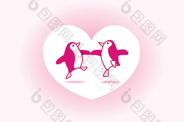 快乐粉红色的企鹅跳舞白色心软粉红色的背景