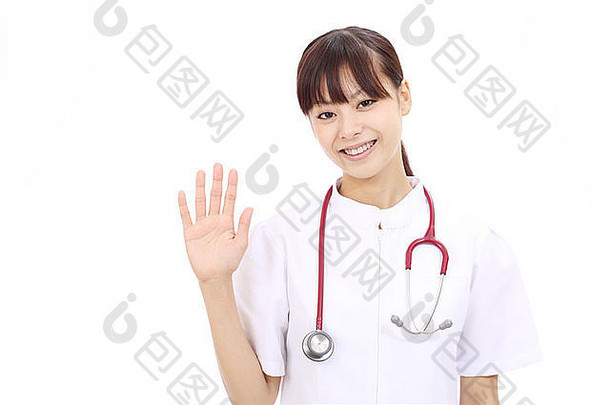 年轻的亚洲女护士再见再见手势