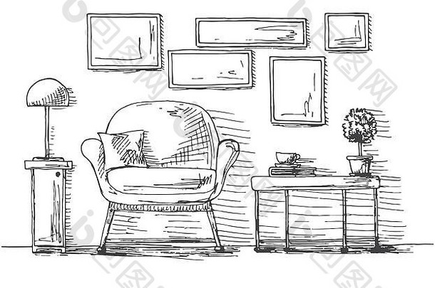 手画椅子表格植物杯墙挂框架向量插图草图风格
