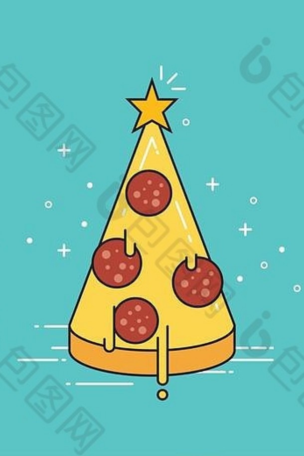 披萨圣诞节树明星前平设计向量插图