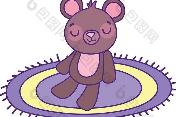 可爱的泰迪熊玩具坐着地毯卡通白色背景向量插图