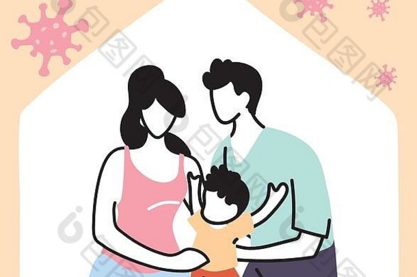 父母儿子保持首页冠状病毒流感大流行横幅向量插图设计