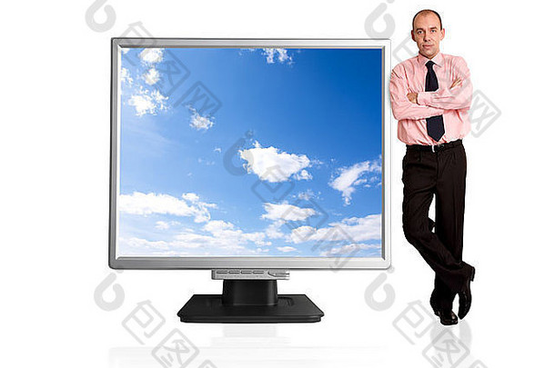 男人。电脑屏幕孤立的白色背景