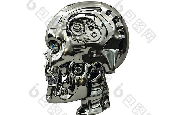 机器人头骨金属表面蓝色的发光的眼睛一边视图孤立的白色背景
