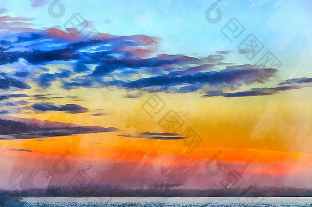 美丽的日落地中海海色彩斑斓的绘画