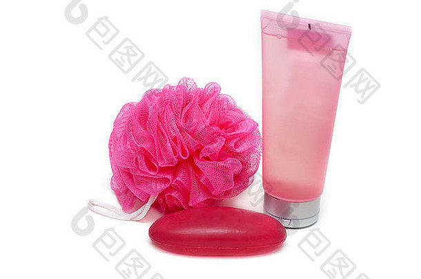 玫瑰海绵红色的肥皂管氦白色背景