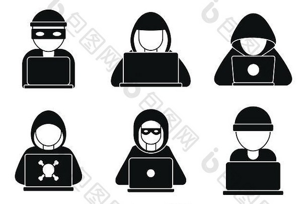 黑客男人。图标集简单的集黑客男人。向量图标网络设计白色背景