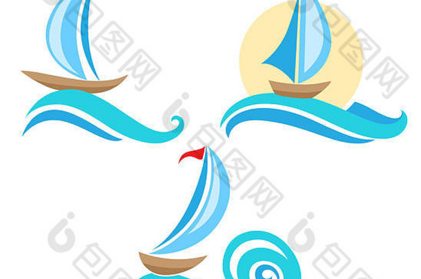 航行船图标旅行概念船蓝色的波