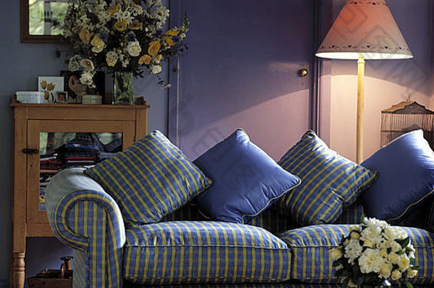 紫色的厅的检查有图案的沙发