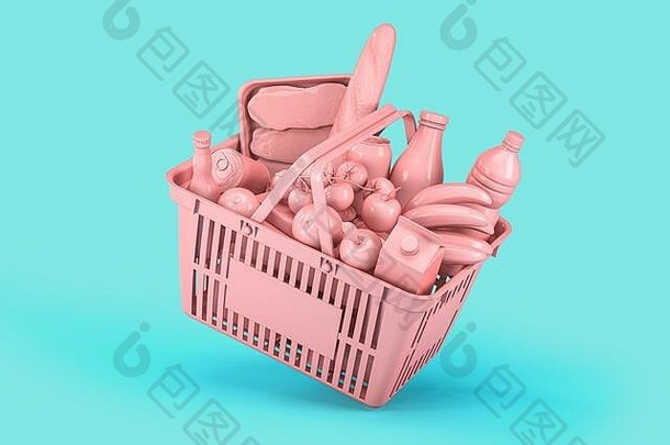 粉红色的购物篮子粉红色的食物蓝色的背景食物交付插图