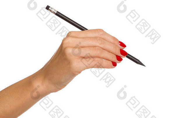 关闭女人的手红色的指甲持有黑色的铅笔工作室拍摄孤立的白色