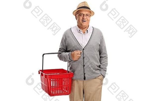成熟的绅士持有空购物篮子孤立的白色背景