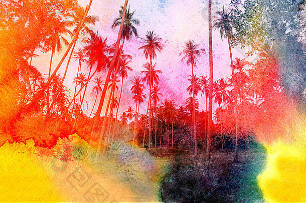 色彩斑斓的复古的色彩斑斓的水彩轮廓棕榈树