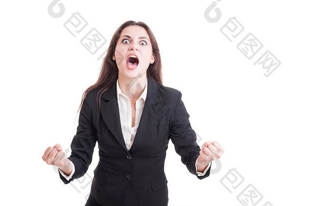 愤怒的业务女人大喊大叫大喊大叫疯狂的显示愤怒孤立的白色背景