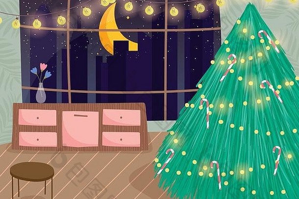 圣诞节树首页灯加兰家具表格晚上月亮向量插图