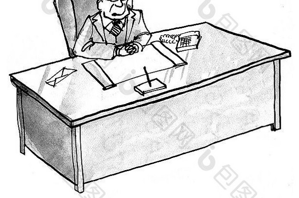 卡通商人办公室桌子上思考“什么