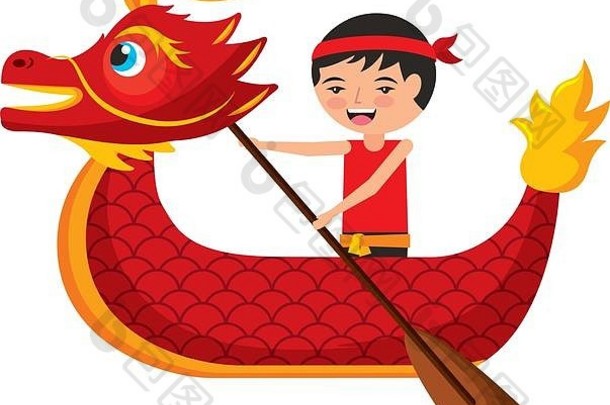 红色的龙男人。划船节日中国人传统的