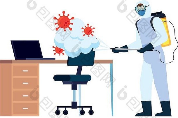 男人。保护西装喷涂办公室桌子上科维德病毒向量设计