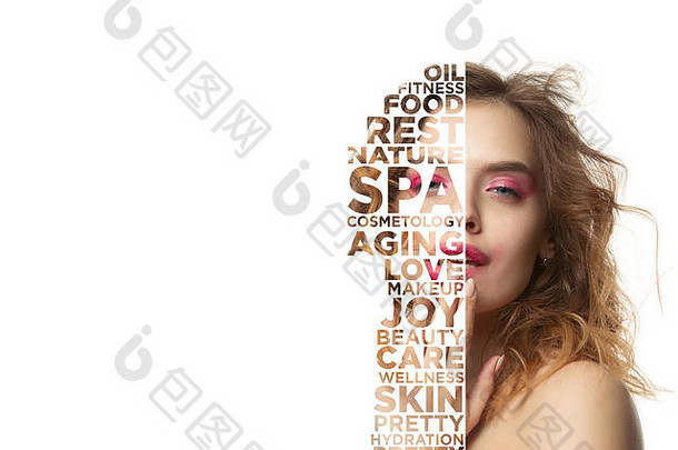 美女人脸肖像美丽的女模型完美的清洁皮肤孤立的白色工作室背景概念健康健身护肤品化妆品皮肤病学健康的生活方式