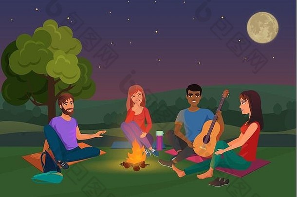 向量插图集团朋友坐着吉他会说话的晚上