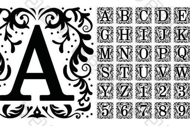 古董字母组合信装饰观赏古老的资本信字母组合图案金银丝细工点缀字体。向量集