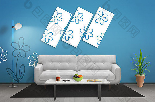 花艺术帆布生活房间蓝色的墙花壁纸灰色的木地板上沙发表格灯植物房间