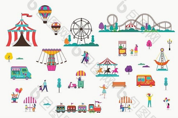 娱乐公园旋转木马空气气球辊过山车马戏团有趣的公平狂欢节图标集合